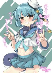 Rule 34 | 1girl, absurdres, artist name, blue hair, blue neckerchief, blush, bob cut, breasts, clenched teeth, commentary request, cowboy shot, double bun, double fox shadow puppet, fang, fox shadow puppet, grin, hair bun, hat, hat ornament, highres, kantai collection, kitahama (siroimakeinu831), little blue whale (kancolle), medal, midriff, miniskirt, navel, neckerchief, open mouth, sailor collar, sailor hat, samuel b. roberts (kancolle), short hair, short sleeves, signature, simple background, skirt, small breasts, smile, smug, solo, star (symbol), teeth, thighs, translation request, uniform, whale, yellow eyes
