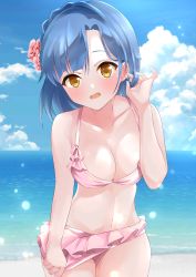Rule 34 | 1girl, absurdres, b1ack illust, bare shoulders, beach, bikini, bikini bottom pull, blue hair, blush, breasts, cleavage, collarbone, commentary, cowboy shot, flower, hair flower, hair ornament, highres, idolmaster, idolmaster million live!, idolmaster million live! theater days, looking at viewer, medium breasts, nanao yuriko, navel, pink bikini, pulling own clothes, short hair, solo, swimsuit, yellow eyes