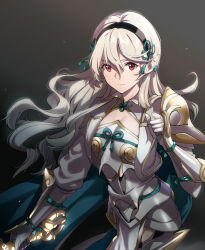 Rule 34 | 1girl, armor, black hairband, closed mouth, corrin (female) (fire emblem), corrin (fire emblem), fire emblem, fire emblem fates, hairband, long hair, misu kasumi, nintendo, pointy ears, red eyes, simple background, solo, upper body, white hair