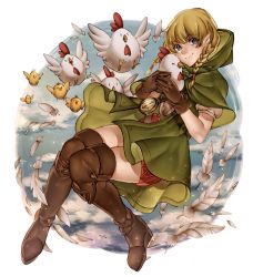 Rule 34 | 1girl, bird, blonde hair, boots, braid, brown footwear, chicken, compass, cucco, gloves, highres, hyrule warriors, leather, leather boots, leather gloves, linkle, looking at viewer, neaze, nintendo, smile, the legend of zelda, thigh boots, thighhighs, twin braids