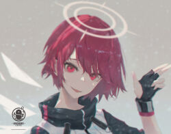 Rule 34 | 1girl, absurdres, aiming up, angel, arknights, black gloves, black jacket, commentary, detached wings, double finger gun, energy wings, english commentary, exusiai (arknights), finger gun, fingerless gloves, gloves, hair between eyes, halo, highres, jacket, logo, looking at viewer, lxc, parted lips, penguin logistics logo, portrait, red eyes, red hair, short hair, smile, snowing, solo, teeth, turtleneck, turtleneck jacket, upper teeth only, white jacket, wings, wristband