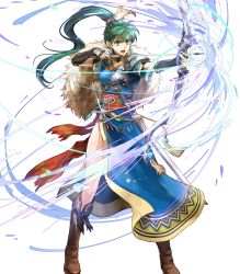 Rule 34 | 1girl, arrow (projectile), boots, bow (weapon), brown footwear, earrings, energy, female focus, fire emblem, fire emblem: the blazing blade, fire emblem heroes, full body, green eyes, green hair, highres, holding, holding bow (weapon), holding weapon, jewelry, long hair, lyn (fire emblem), matching hair/eyes, nintendo, non-web source, official art, open mouth, ponytail, quiver, sheath, sheathed, solo, standing, sword, transparent background, wada sachiko, weapon