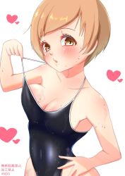 Rule 34 | 1girl, adjusting clothes, adjusting swimsuit, artist request, black one-piece swimsuit, blush, breasts, brown eyes, brown hair, chromatic aberration, cleavage, collarbone, covered navel, hand on own hip, highres, looking at viewer, one-piece swimsuit, persona, persona 4, satonaka chie, short hair, simple background, solo, source request, swimsuit, wet, wet clothes, wet swimsuit, white background