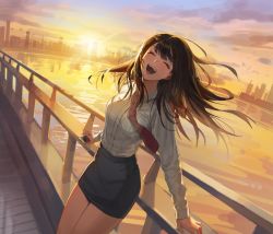 Rule 34 | 1girl, :d, ^ ^, against railing, black skirt, blush, breasts, brown hair, cellphone, cityscape, closed eyes, collared shirt, floating hair, happy, highres, holding, holding phone, long hair, long sleeves, maenoo, medium breasts, necktie, open mouth, original, outdoors, phone, railing, red necktie, shirt, skirt, smartphone, smile, solo, standing, sunrise, white shirt