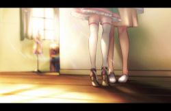 Rule 34 | 10s, 2girls, age difference, aikatsu! (series), aikatsu friends!, bad id, bad twitter id, bare legs, curtains, floor, height difference, high heels, implied kiss, indoors, kiss, kneepits, legs, lens flare, letterboxed, lower body, mannequin, multiple girls, room, roomscape, shiontaso, shoes, skirt, sunlight, thighhighs, tiptoe kiss, tiptoes, window, yuri