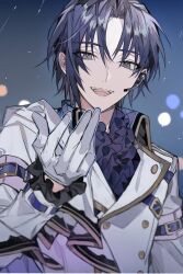Rule 34 | 1boy, blue background, gloves, grey background, headset, highres, idolish7, izumi iori, jacket, looking at viewer, male focus, outstretched hand, purple eyes, purple hair, purple shirt, shirt, short hair, smile, solo, tamotui7, teeth, white gloves, white jacket