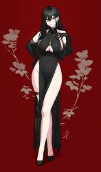 Rule 34 | 1girl, bare shoulders, black dress, black footwear, black gloves, black hair, blush, breasts, clothing cutout, commentary request, covered navel, crossed legs, dress, earrings, elbow gloves, floral background, floral print, full body, gloves, hand up, hayabusa (vert 320), highres, jewelry, large breasts, legs, long hair, looking at viewer, mole, mole on breast, mole under eye, original, parted lips, pelvic curtain, purple eyes, red background, solo, standing, thigh strap, thighs, toe cleavage, underboob cutout, watson cross