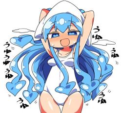 Rule 34 | 1girl, :d, arms up, bare shoulders, blue eyes, blue hair, blush, breasts, casual one-piece swimsuit, collarbone, commentary request, hair between eyes, hat, heart, heart-shaped pupils, ikamusume, kanikama, long hair, looking at viewer, nose blush, one-piece swimsuit, open mouth, shinryaku! ikamusume, simple background, small breasts, smile, solo, squid hat, sweat, swimsuit, symbol-shaped pupils, tentacle hair, translation request, very long hair, white background, white one-piece swimsuit