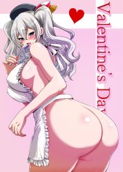 Rule 34 | 10s, 1girl, apron, ass, breasts, grey eyes, heart, huge ass, kantai collection, kashima (kancolle), large breasts, long hair, naked apron, perepere-kun, sideboob, silver hair, solo, spoon, thighs, valentine
