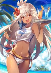 Rule 34 | 1girl, :d, ahoge, bare shoulders, beach, bikini, blush, breasts, cloud, cup, dark skin, dark-skinned female, day, dragon, drinking glass, drinking straw, flower, granblue fantasy, hair flower, hair ornament, hibiscus, holding, holding tray, island, long hair, looking at viewer, medium breasts, navel, ocean, open mouth, outdoors, red eyes, shirt, shugao, sky, smile, solo, swimsuit, tied shirt, tray, water, white bikini, white hair, white shirt, zooey (granblue fantasy)
