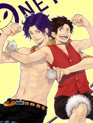 Rule 34 | 2boys, abs, black hair, brothers, freckles, male focus, monkey d. luffy, multiple boys, muscular, neopara, one piece, portgas d. ace, purple hair, topless male, shorts, siblings, tegaki