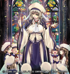 Rule 34 | 6+girls, age difference, blonde hair, breasts, child, closed eyes, hat, jewelry, large breasts, lots of jewelry, multiple girls, nun, open mouth, square enix, stained glass, tana (garyuh-chitai), yuukyuu no sharin