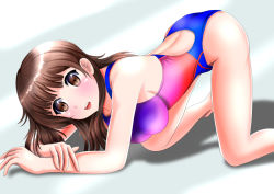Rule 34 | 1girl, all fours, breasts, brown eyes, brown hair, competition swimsuit, large breasts, long hair, mashinatsu, one-piece swimsuit, original, reiji-sss, solo, swimsuit