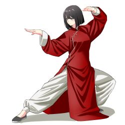 1girl black_hair china_dress chinese_clothes dress fighting fighting_stance highres kokoro_no_koibito kung_fu martial_arts martial_arts_belt monk original panties red_dress self-upload shaolin_monk short_hair solo tangzhuang training underwear white_panties