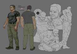 Rule 34 | 1boy, abs, adjusting clothes, aiming, back, belt, black belt, black footwear, black shirt, character name, chris redfield, coffeebrownn, english text, green pants, gun, headphones, highres, holding, holding gun, holding weapon, indian style, large pectorals, male focus, multiple views, muscular, muscular male, navel, nipples, pants, pectorals, resident evil, resident evil village, shirt, sitting, smile, weapon