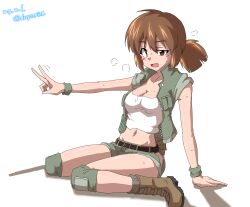 Rule 34 | 1girl, absurdres, arm support, belt, black belt, black panties, breasts, brown eyes, brown hair, cleavage, clothing cutout, commentary, crop top, drops mint, artistic error, fio germi, green jacket, green shorts, half-closed eye, highres, jacket, knee pads, leaning back, looking at viewer, medium breasts, medium hair, metal slug, midriff, motion lines, navel, open clothes, open jacket, open mouth, panties, panty peek, shadow, shirt, short ponytail, short shorts, shorts, side cutout, simple background, sitting, sleeveless, sleeveless jacket, smile, solo, sweat, underwear, v, wariza, white background, white shirt, wristband