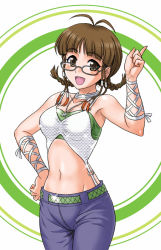 Rule 34 | 00s, 1girl, :d, ahoge, akizuki ritsuko, armpits, bare shoulders, braid, brown eyes, brown hair, cool &amp; sexy (idolmaster), glasses, hand on own hip, hida tatsuo, idolmaster, idolmaster (classic), idolmaster 1, index finger raised, jewelry, midriff, navel, necklace, open mouth, pointing, pointing up, short hair, short twintails, narrow waist, smile, solo, twin braids, twintails