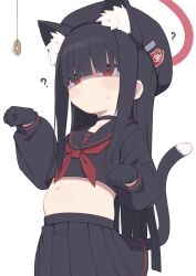 Rule 34 | 1girl, ?, animal ear fluff, animal ears, beret, black choker, black gloves, black hair, black hat, black serafuku, black skirt, blue archive, blunt bangs, blunt ends, cat ears, cat tail, choker, closed mouth, coin, coin on string, cowboy shot, crop top, dot mouth, expressionless, gamuo, gloves, hat, justice task force member (blue archive), kemonomimi mode, long bangs, long hair, long sleeves, looking ahead, midriff, navel, neckerchief, paw pose, plump, red eyes, red neckerchief, school uniform, serafuku, simple background, skirt, solo, stomach, sweatdrop, tail, white background