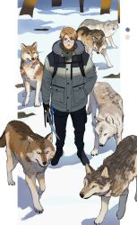 Rule 34 | ahoge, alternate costume, america (hetalia), animal, axis powers hetalia, black footwear, blonde hair, blue eyes, coat, forest, from above, glasses, hand in pocket, holding, looking at viewer, looking up, male focus, nature, smile, snow, solo focus, to@st, tree, wolf