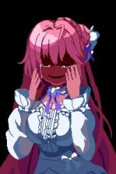 Rule 34 | 1girl, ahoge, black background, bow, braid, breasts, brodall pixel, cleavage, closed eyes, crying, detached sleeves, dorothy (nikke), dress, frilled dress, frills, goddess of victory: nikke, hair bun, hair intakes, hair ribbon, hands on own face, hands up, highres, large breasts, long hair, long sleeves, pink hair, pixel art, purple bow, purple ribbon, ribbon, shaded face, single side bun, smile, solo, white dress