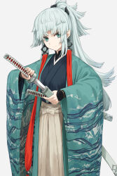 Rule 34 | 1girl, black kimono, breasts, earrings, fate/samurai remnant, fate (series), green eyes, green kimono, hakama, hakama skirt, highres, japanese clothes, jewelry, kamo ashi, katana, kimono, long hair, long sleeves, looking at viewer, medium breasts, ponytail, sidelocks, skirt, solo, sword, weapon, white hair, white hakama, wide sleeves, yui shousetsu (fate)