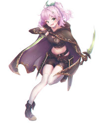 Rule 34 | 1girl, :d, belt, boots, cape, ciawasemono, copyright request, dual wielding, fang, fingerless gloves, flower, gloves, green ribbon, hair flower, hair ornament, hair ribbon, highres, holding, holding sword, holding weapon, midriff, multiple belts, navel, open mouth, pink hair, ponytail, ribbon, sheath, shorts, simple background, smile, solo, sword, thigh belt, thigh strap, thighhighs, unsheathed, weapon, white background, white thighhighs