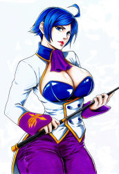 Rule 34 | 1girl, absurdres, blue eyes, blue hair, breasts, cleavage, cleavage cutout, clothing cutout, elisabeth blanctorche, highres, large breasts, riding crop, solo, the king of fighters, the king of fighters xi