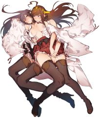 Rule 34 | 2girls, absurdres, ahoge, areola slip, arm around waist, arm behind back, arm up, bad id, bad pixiv id, bare shoulders, between legs, black footwear, black hair, black skirt, blush, boots, breasts, breasts apart, brown hair, closed mouth, detached sleeves, double bun, frilled skirt, frills, from above, girl on top, hair bun, hair ornament, hairclip, hand between legs, haruna (kancolle), head tilt, headgear, highres, ikarin, kantai collection, kongou (kancolle), long hair, long sleeves, lying, medium breasts, multiple girls, nipple slip, nipples, on back, open clothes, parted lips, purple eyes, red skirt, ribbon-trimmed sleeves, ribbon trim, simple background, skirt, smile, thigh boots, thighhighs, transparent background, tsurime, white background, wide sleeves, yuri, zettai ryouiki