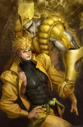 Rule 34 | 1boy, 1other, artist name, black nails, blonde hair, clenched hand, dio brando, earrings, gloves, green headband, hand on own hip, headband, heart, helmet, jacket, jdori, jewelry, jojo no kimyou na bouken, lipstick, looking at viewer, makeup, male focus, muscular, nail polish, red eyes, stand (jojo), standing, the world, vampire, yellow gloves, yellow jacket
