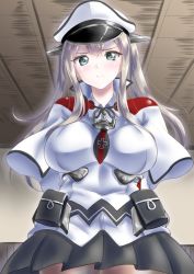 Rule 34 | 10s, 1girl, arms behind back, blonde hair, blue eyes, blush, breasts, capelet, female focus, gloves, graf zeppelin (kancolle), hair between eyes, hat, impossible clothes, jacket, kantai collection, kasugano tobari, large breasts, long hair, looking at viewer, miniskirt, necktie, no legwear, peaked cap, sidelocks, skirt, solo, twintails