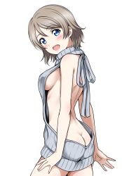 Rule 34 | 10s, 1girl, :d, arms at sides, ass, back, backless outfit, bare arms, bare back, bare shoulders, blue eyes, body blush, breasts, butt crack, cowboy shot, from side, grey hair, grey ribbon, grey sweater, highres, looking at viewer, looking to the side, love live!, love live! sunshine!!, medium breasts, meme attire, naked sweater, no bra, open mouth, sankuro (agoitei), short hair, sideboob, simple background, sleeveless, smile, solo, standing, sweater, tareme, turtleneck, turtleneck sweater, virgin killer sweater, watanabe you, white background
