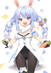 Rule 34 | 1girl, 9nojo, animal ear fluff, animal ears, bare shoulders, black gloves, blue hair, blush, braid, breasts, carrot, carrot hair ornament, commentary, don-chan (usada pekora), food, food-themed hair ornament, fur collar, gloves, hair ornament, highres, holding, holding food, hololive, long hair, looking at viewer, multicolored hair, open mouth, pantyhose, rabbit ears, rabbit girl, small breasts, smile, solo, teeth, thick eyebrows, twin braids, two-tone hair, upper teeth only, usada pekora, usada pekora (1st costume), virtual youtuber, white background, white hair