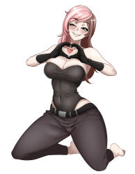 Rule 34 | 1girl, bare shoulders, belt, black gloves, breasts, brown eyes, brown hair, brown pants, cleavage, collarbone, feet, gloves, heart, heart hands, highres, large breasts, leotard, leux 21, long hair, looking at viewer, multicolored hair, neo politan, pants, pink eyes, pink hair, rwby, smile, solo, thick thighs, thighs, tight clothes, tight pants, white background, wide hips
