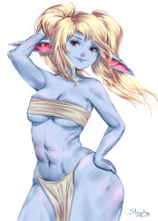 Rule 34 | 1girl, alternate costume, artist name, blonde hair, blue skin, closed mouth, colored skin, grey background, hand on own hip, league of legends, long hair, navel, pointy ears, poppy (league of legends), sarashi, simple background, skindentation, sleepingsol, smile, solo, stomach, twintails, yordle