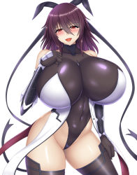 Rule 34 | 1girl, absurdres, bare shoulders, black leotard, black thighhighs, blush, breasts, breasts apart, brown hair, cleavage, covered collarbone, covered navel, cowboy shot, gauntlets, half-closed eyes, hand on own chest, hand up, highleg, highleg leotard, highres, huge breasts, impossible clothes, impossible leotard, leotard, linea alba, looking at viewer, mature female, medium hair, mizuki shiranui, open mouth, red eyes, rough (riferio), seductive smile, shiny clothes, skin tight, skindentation, smile, solo, taimanin (series), taimanin asagi kessen arena, taimanin suit, taimanin yukikaze, thighhighs, thong leotard, white background
