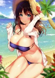 Rule 34 | 1girl, absurdres, bare arms, bare legs, barefoot, beach, bikini, bird, blue bikini, blue sky, blush, breasts, brown hair, cleavage, closed mouth, cloud, collarbone, day, fingernails, flower, flying, green eyes, groin, hand on headwear, hands up, hat, hat flower, hibiscus, highres, huge filesize, island, jacket, large breasts, leaf, long fingernails, long hair, long sleeves, looking at viewer, mataro (matarou), navel, ocean, off shoulder, open clothes, open jacket, original, outdoors, palm tree, pink lips, plant, red flower, sand, scan, seiza, shadow, sideboob, sitting, sky, sleeves past wrists, smile, soles, solo, stomach, strapless, strapless bikini, straw hat, string bikini, sun hat, swimsuit, toranoana, tree, water, waves, wavy hair, white jacket