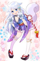 Rule 34 | 10s, 1girl, :d, ahoge, animal hands, bad id, bad pixiv id, bell, blue eyes, blue hair, blush, breasts, chinese zodiac, cleavage, commentary request, dog paws, dog tail, floral background, floral print, flower, frilled kimono, frills, full body, hair flower, hair ornament, heart, heart print, highres, imouto sae ireba ii, japanese clothes, jingle bell, kani nayuta, kimono, kimono skirt, kneehighs, leaning forward, leaning to the side, long hair, looking at viewer, medium breasts, obi, open mouth, platform footwear, sandals, sash, smile, socks, solo, standing, swept bangs, tail, tamerisu, v-shaped eyebrows, very long hair, white socks, wide sleeves, year of the dog