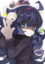 Rule 34 | 1girl, @ @, absurdres, ahoge, alternate breast size, banette, black sweater, blue eyes, blue hair, blush, border, commentary, creatures (company), dress, english commentary, flipped hair, frilled sleeves, frills, game freak, gastly, gen 1 pokemon, gen 3 pokemon, gen 7 pokemon, gengar, grizzace, hair between eyes, hairband, hands up, hex maniac (pokemon), highres, long hair, long sleeves, looking at viewer, mimikyu, nintendo, open mouth, outline, outside border, pokemon, pokemon (creature), pokemon xy, purple dress, purple hairband, sidelocks, solo focus, sparkling eyes, spider web print, sweater, turtleneck, upper body, v, wavy hair, wavy mouth, white border, white outline