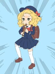 Rule 34 | backpack, bag, blonde hair, blue background, blue hat, blue jacket, blue skirt, blush stickers, bow, bowtie, brown bag, brown footwear, commentary, crime prevention buzzer, emphasis lines, forehead, full body, green eyes, hat, holding, holding instrument, idolmaster, idolmaster cinderella girls, instrument, jacket, kyoufuu all back (vocaloid), long sleeves, looking ahead, parody, playing flute, pleated skirt, red bow, red bowtie, remiri nicoeli, sailor collar, sakurai momoka, short hair, sidelocks, skirt, thighhighs, walking, wavy hair, white sailor collar, white thighhighs, wind