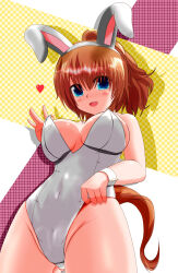Rule 34 | 1girl, animal ears, bare shoulders, blue eyes, breasts, brown hair, cleavage, commentary request, covered navel, ear covers, fake animal ears, gluteal fold, highleg, highres, horse ears, horse girl, horse tail, large breasts, leotard, medium hair, multicolored background, ponytail, smile, solo, strapless, strapless leotard, taiki shuttle (umamusume), tail, tkka, umamusume, underboob, white leotard, wrist cuffs