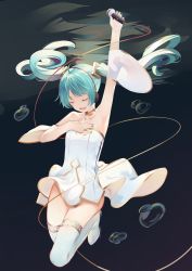 Rule 34 | 1girl, absurdres, ahoge, alternate costume, aqua hair, arm up, armpits, blue nails, boots, cable, collar, collarbone, detached sleeves, dress, closed eyes, full body, hand on own chest, hatsune miku, headphones, highres, holding, holding microphone, long hair, microphone, nail polish, open mouth, short sleeves, solo, strapless, strapless dress, submerged, thigh boots, thighhighs, twintails, underwater, vocaloid, white dress, white footwear, zeppeki shoujo
