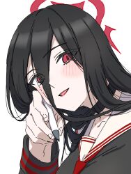 Rule 34 | 1girl, black hair, black serafuku, blue archive, blush, brilliantko, eyes visible through hair, halo, hasumi (blue archive), highres, holding, holding pen, long hair, looking at viewer, mole, mole under eye, neckerchief, open mouth, pen, red eyes, red halo, red neckerchief, sailor collar, school uniform, serafuku, simple background, smile, solo, upper body, very long hair, white background, white sailor collar