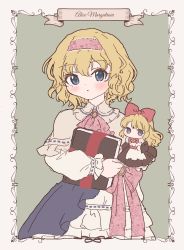 Rule 34 | 2girls, alice margatroid, ascot, blonde hair, blue dress, blue eyes, book, border, bow, bowtie, capelet, cowboy shot, dress, floral print, green background, hair bow, hairband, highres, holding, holding book, lolita hairband, long hair, long sleeves, looking at viewer, multicolored clothes, multicolored dress, multiple girls, one-hour drawing challenge, open mouth, pink hairband, pink neckwear, red bow, red neckwear, sakurasaka, shanghai doll, short hair, simple background, standing, touhou, white capelet, white dress