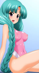 Rule 34 | 1990s (style), 1girl, absurdres, aqua hair, arm support, bare legs, bare shoulders, blush, braid, breasts, canal vorfeed, competition swimsuit, covered erect nipples, covered navel, facial mark, forehead mark, highres, large breasts, long hair, looking at viewer, lost universe, one-piece swimsuit, open mouth, purple eyes, retro artstyle, shiny clothes, shiny skin, simple background, sitting, skin tight, smile, solo, sugimura tomokazu, swimsuit, thighs, very long hair