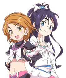 Rule 34 | 2girls, :d, black hair, black shirt, black skirt, blue eyes, bow, brown eyes, brown hair, clenched hand, closed mouth, crop top, cure black, cure white, detached sleeves, earrings, frilled sleeves, frills, futari wa precure, half updo, ixy, jewelry, locked arms, long hair, magical girl, midriff, misumi nagisa, multiple girls, navel, open mouth, pointing, precure, shirt, short hair, short sleeves, skirt, smile, waving, white bow, white shirt, white skirt, yukishiro honoka