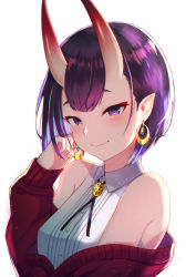Rule 34 | 1girl, bare shoulders, blush, bob cut, breasts, closed mouth, earrings, eyeliner, fate/grand order, fate (series), highres, horns, itsumi mita, jewelry, long sleeves, looking at viewer, makeup, off-shoulder sweater, off shoulder, oni, pointy ears, purple eyes, purple hair, red sweater, shirt, short hair, shuten douji (fate), simple background, skin-covered horns, sleeveless, sleeveless shirt, small breasts, smile, sweater, white shirt