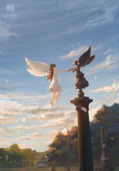 Rule 34 | 1girl, absurdres, angel, angel wings, barefoot, black hair, blue sky, chinese commentary, cloud, commentary request, day, dress, flying, highres, hua ming wink, long hair, nature, original, outdoors, sky, sleeveless, sleeveless dress, solo, statue, white dress, wings