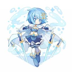 Rule 34 | 1girl, artist name, bad id, bad twitter id, belt, belt buckle, blue belt, blue eyes, blue footwear, blue hair, blue sash, blue shirt, blue skirt, blue sleeves, boots, buckle, buttons, cape, chibi, closed mouth, collarbone, collared cape, colored eyelashes, detached sleeves, diamond button, fortissimo, frilled shirt, frills, gloves, hair ornament, hairclip, long sleeves, looking at viewer, magical girl, mahou shoujo madoka magica, mahou shoujo madoka magica (anime), mahou shoujo madoka magica movie 1 &amp; 2, midriff, miki sayaka, miniskirt, musical note, musical note hair ornament, nonokusu (no2xnox), outstretched arms, pleated skirt, sash, shirt, short hair, skirt, sleeveless, sleeveless shirt, smile, solo, soul gem, sparkle, stomach jewel, sword, thigh belt, thigh strap, thighhighs, triangle, two-tone shirt, water, weapon, white background, white cape, white gloves, white shirt, white thighhighs, white trim, yellow trim