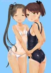 Rule 34 | 10s, 2girls, :o, = =, adjusting another&#039;s clothes, adjusting clothes, adjusting swimsuit, alternate costume, ass, ayanami (kancolle), bikini, blush, breasts, brown eyes, brown hair, hair ribbon, heart, heart in mouth, kantai collection, koumo, long hair, looking at viewer, multiple girls, navel, one-piece swimsuit, one-piece tan, open mouth, ponytail, ribbon, school swimsuit, shikinami (kancolle), short hair, side-tie bikini bottom, side ponytail, simple background, small breasts, smile, string bikini, swimsuit, tan, tanline, white bikini