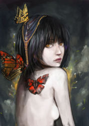 Rule 34 | 1girl, black hair, bug, butterfly, canking, hair ornament, head piece, insect, lips, looking back, nude, solo, yellow eyes